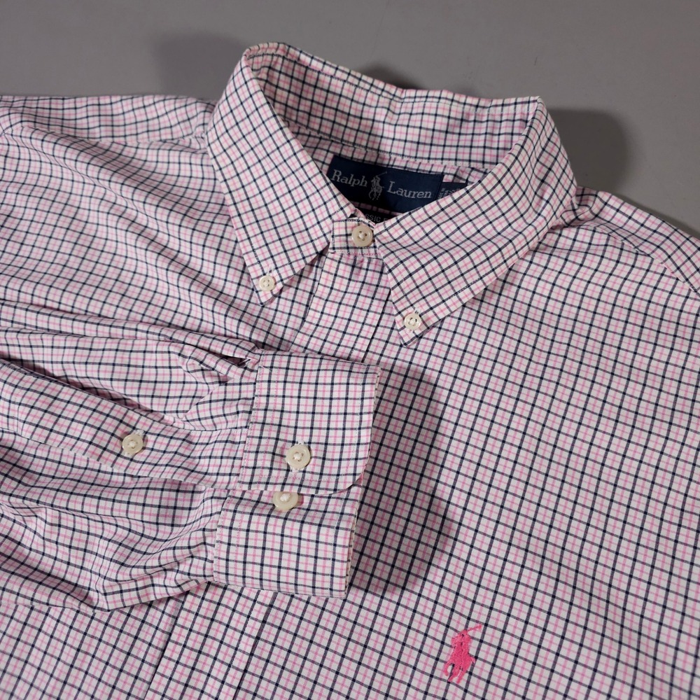 Ralph Lauren Button Down Shirt Mens 16.5 34/35 Pink Plaid Classic Fit L/S